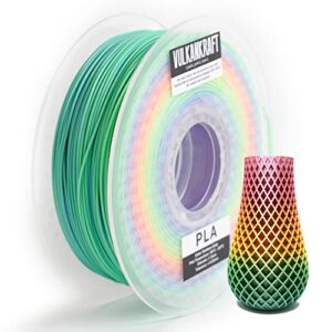 vulkankraft premium rainbow color pla filament for 3d printing, 1.75mm, 1kg, testing pack available, less prone to warping, high printability, reduced chance of clogging.