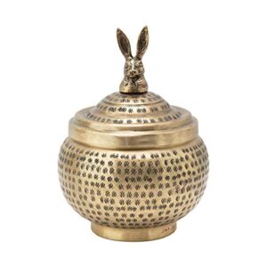 creative co-op hammered metal container with rabbit finial, brass finish storage box