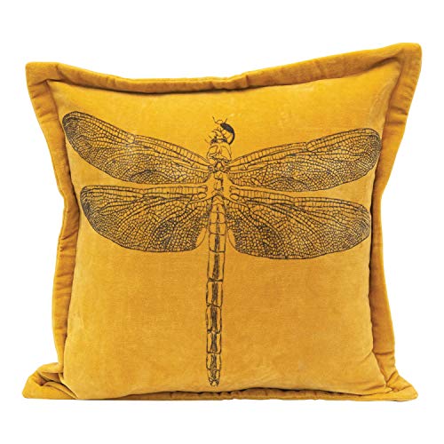 Creative Co-Op Cotton Velvet Printed Dragonfly, Mustard Color Pillow, Gold