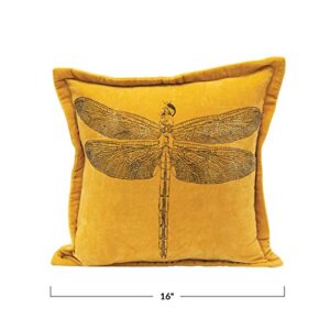 Creative Co-Op Cotton Velvet Printed Dragonfly, Mustard Color Pillow, Gold