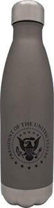 white house gifts: presidential seal stainless steel thermal water bottle (17 oz) - matte gray with presidential symbol print - insulated - doubled-walled with vacuum seal and stainless steel lid