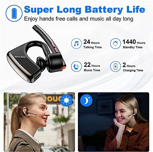 New bee Bluetooth Headset V5.2 Wireless Bluetooth Earpiece 24Hrs Talktime CVC8.0 Dual Mic Noise Cancelling for iPhone/Android/Driver/Business/Office