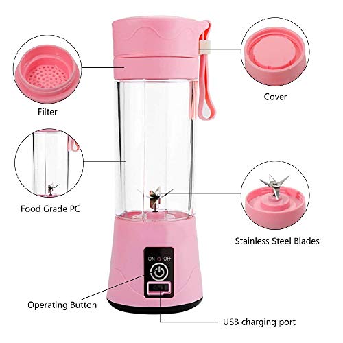 Aizbao Portable Blender, 380ml Six Blades 3D Juice cup, Small Fruit Mixer, Personal Mixer Fruit Rechargeable with USB, Mini Blender for Milk Shakes, Smoothie, Fruit Juice (Pink)