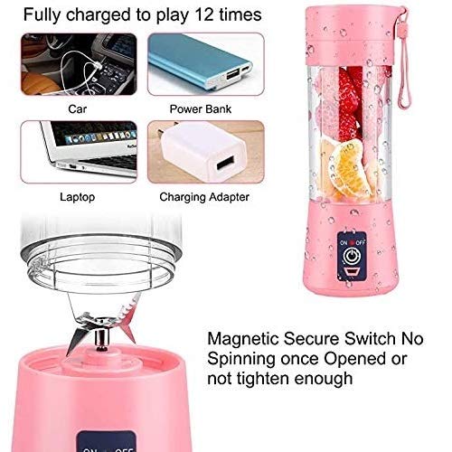 Aizbao Portable Blender, 380ml Six Blades 3D Juice cup, Small Fruit Mixer, Personal Mixer Fruit Rechargeable with USB, Mini Blender for Milk Shakes, Smoothie, Fruit Juice (Pink)