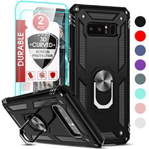 leyi for note 8 phone case, samsung galaxy note 8 case with [2 pack] 3d curved screen protector, [military-grade] magnetic metal ring holder kickstand protective phone case for samsung note 8, black