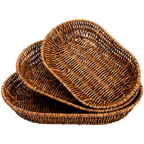 Hedume Set of 3 Wicker Baskets, Bread Baskets Sets, Tabletop Food Serving Baskets Trays, Handwoven Storage Basket Bin, Fruit Vegetables Sundries Storage Basket for Home, Restaurant, Bakery