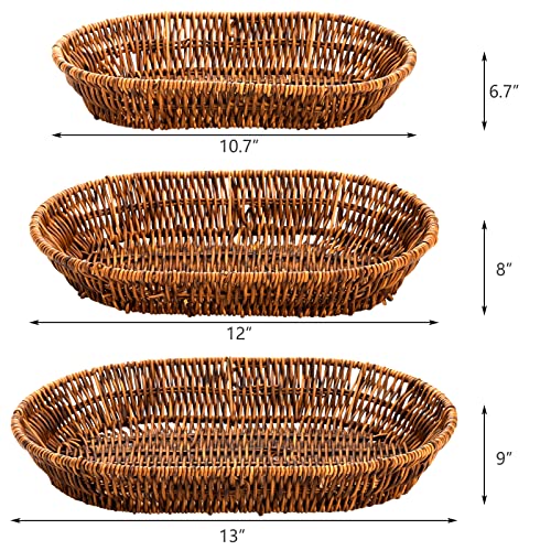 Hedume Set of 3 Wicker Baskets, Bread Baskets Sets, Tabletop Food Serving Baskets Trays, Handwoven Storage Basket Bin, Fruit Vegetables Sundries Storage Basket for Home, Restaurant, Bakery