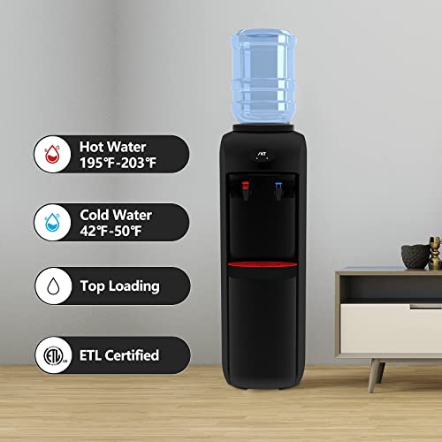 Top Loading Water Dispenser, Water Cooler with Compressor Cooling, Child Safety Lock, Energy Saving, ETL Approved - Hot, Cold & Room Water, 3 Temp Settings, Black