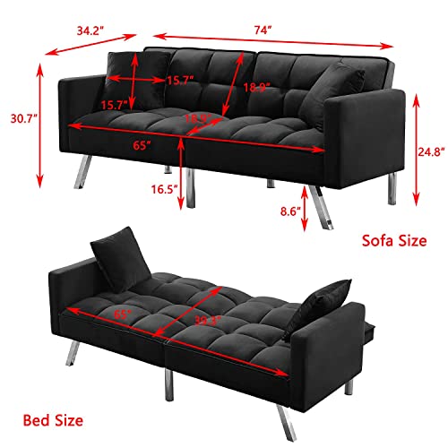Olela Sleeper Sofa Bed Modern Tuft Futon Couch Convertible Loveseat Sleeper Reclining Sofa Bed Twin Size with Arms and 2 Pillows for Living Room, Black