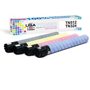 made in usa toner compatible replacement for use in konica minolta® bizhub c258, c308, c368, c454, c554, c454e, c554e universal (tn-324k/c/m/y, tn-512c/m/y/k) (black,cyan,yellow,magenta, 4-pack)