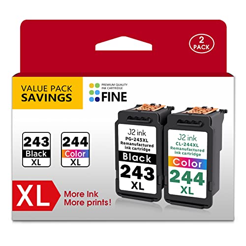 J2INK Remanufactured Ink Cartridge Replacement for Canon Ink Cartridges 243&244 Canon Ink 243 and 244 Combo Pack Black Tri-Color Compatible to TR4520 MX492 MG2520 MG2922 TS302