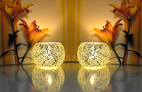 DecorHack by Arusaya Home Living Room Romantic Lighting Crackle Glass Tea Light Candle Holder Set of 2 (3X4 Inch)