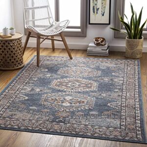 Watsonia Outdoor Area Rug - Outside Porch Patio Rug Carpet - Waterproof Rug - Persian Oriental Vintage Look - Blue, Orange, Brick Red - 6'7" x 9'