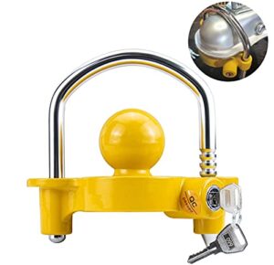 funmit trailer lock universal coupler ball lock fits 1-7/8", 2", and 2-5/16" couplers, boat camper accessories for travel trailers adjustable heavy-duty steel hitch lock yellow