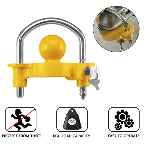 Funmit Trailer Lock Universal Coupler Ball Lock Fits 1-7/8", 2", and 2-5/16" Couplers, Boat Camper Accessories for Travel Trailers Adjustable Heavy-Duty Steel Hitch Lock Yellow