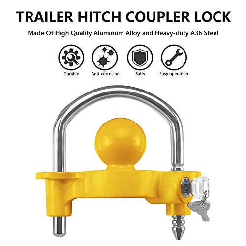 Funmit Trailer Lock Universal Coupler Ball Lock Fits 1-7/8", 2", and 2-5/16" Couplers, Boat Camper Accessories for Travel Trailers Adjustable Heavy-Duty Steel Hitch Lock Yellow