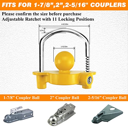 Funmit Trailer Lock Universal Coupler Ball Lock Fits 1-7/8", 2", and 2-5/16" Couplers, Boat Camper Accessories for Travel Trailers Adjustable Heavy-Duty Steel Hitch Lock Yellow