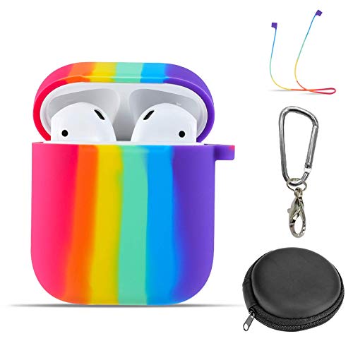 V-liams Airpods Case, Rainbow Silicone Soft Protective Case with Keychain, Earphone Storage Case, Rainbow Silicone Earphone Anti-Lost Lanyard for Airpods 2&1