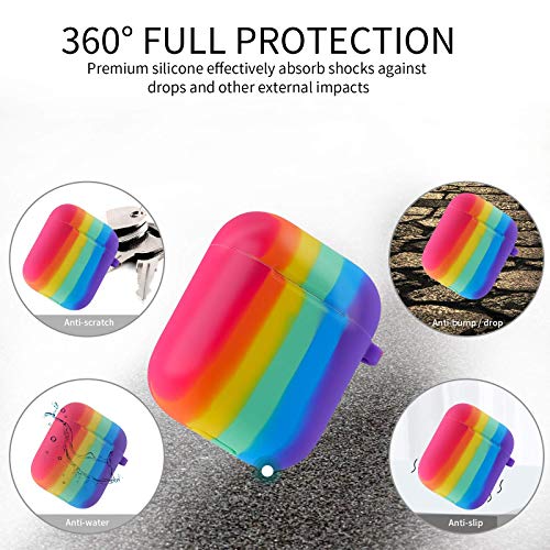 V-liams Airpods Case, Rainbow Silicone Soft Protective Case with Keychain, Earphone Storage Case, Rainbow Silicone Earphone Anti-Lost Lanyard for Airpods 2&1