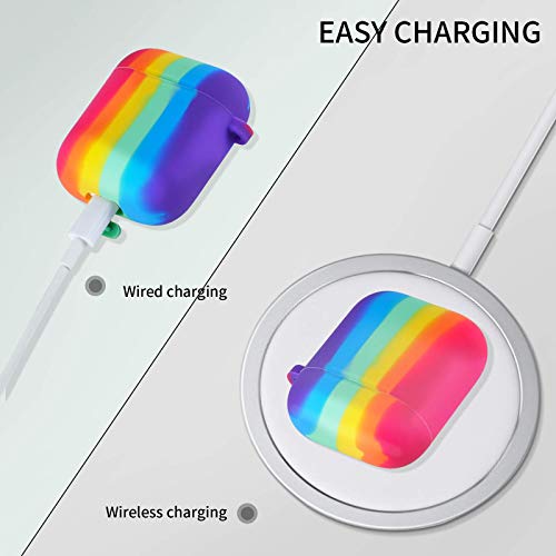 V-liams Airpods Case, Rainbow Silicone Soft Protective Case with Keychain, Earphone Storage Case, Rainbow Silicone Earphone Anti-Lost Lanyard for Airpods 2&1