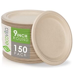 ecovita 100% compostable paper plates [9 in.] – 150 disposable plates eco friendly sturdy tree free liquid and heat resistant alternative to plastic or paper plates
