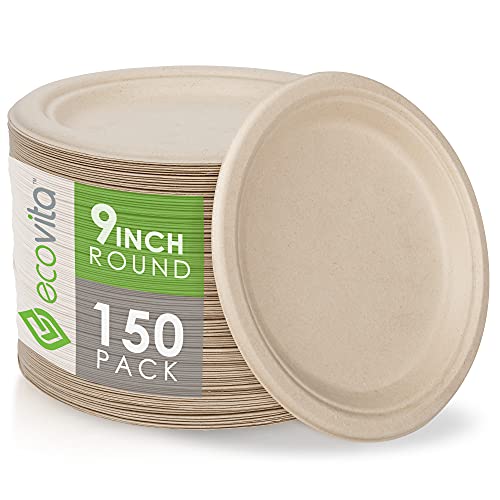 Ecovita 100% Compostable Paper Plates [9 in.] – 150 Disposable Plates Eco Friendly Sturdy Tree Free Liquid and Heat Resistant Alternative to Plastic or Paper Plates