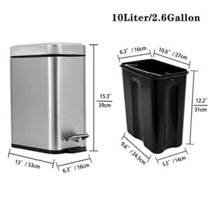 CAMTCHER Slim Trash Can Stainless Steel 2.6 Gallon / 10 Liter Rectangle Step Trash Can, Soft Close, Removable Plastic Bucket (2.6 Gallons)