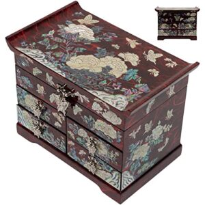 february mountain mother of pearl wooden jewelry organizer box – jewelry storage box for women, features spacious drawers, ideal for rings, bracelets, watches, chains, accessories (peony_red)