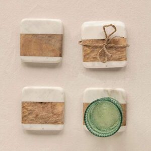 Creative Co-Op Marble & Acacia Wood, White & Natural, Set of 4 Coaster, 4"