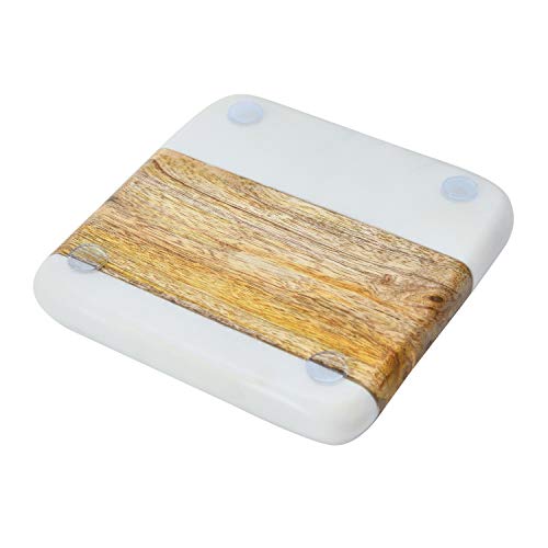 Creative Co-Op Marble & Acacia Wood, White & Natural, Set of 4 Coaster, 4"