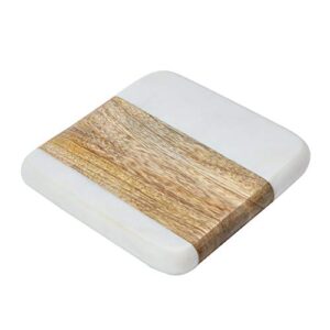 Creative Co-Op Marble & Acacia Wood, White & Natural, Set of 4 Coaster, 4"