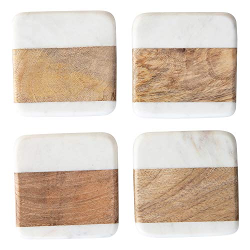 Creative Co-Op Marble & Acacia Wood, White & Natural, Set of 4 Coaster, 4"