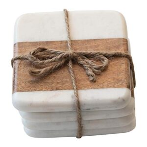 Creative Co-Op Marble & Acacia Wood, White & Natural, Set of 4 Coaster, 4"