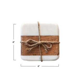 Creative Co-Op Marble & Acacia Wood, White & Natural, Set of 4 Coaster, 4"