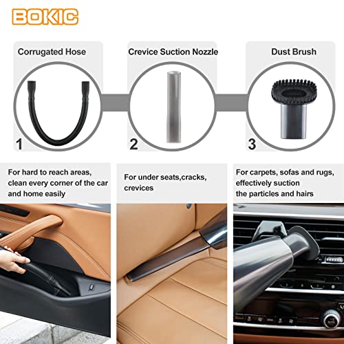 BOKIC Car Vacuum Cleaner Cordless Rechargeable, Portable Handheld Vacuum with 2 Filters, High Power Mini Vacuum w/Attachments, Kit Essentials for Travel, RV Camper