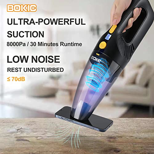 BOKIC Car Vacuum Cleaner Cordless Rechargeable, Portable Handheld Vacuum with 2 Filters, High Power Mini Vacuum w/Attachments, Kit Essentials for Travel, RV Camper