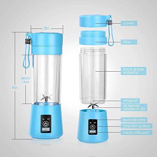 Aizbao Portable Blender, 380ml Six Blades 3D Juice cup, Small Fruit Mixer, Personal Mixer Fruit Rechargeable with USB, Mini Blender for Milk Shakes, Smoothie, Fruit Juice (Blue)