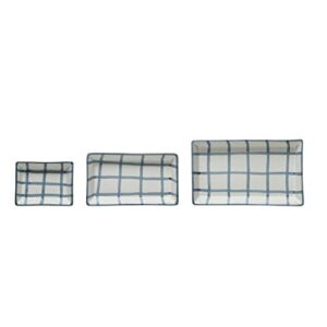 creative co-op hand-painted stoneware trays with grid pattern, set of 3 plate, 7.5", blue & white