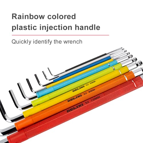 DELIXI Color Coded Ball End Hex L-Key Set, Metric 1.5-10mm, 9 Pieces, Long Arm Allen Wrench Set