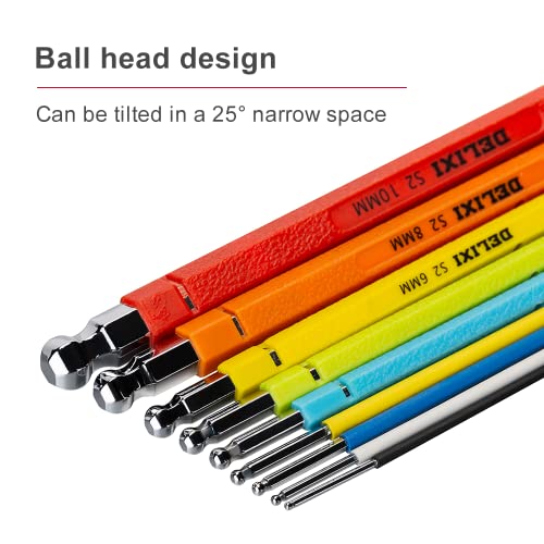 DELIXI Color Coded Ball End Hex L-Key Set, Metric 1.5-10mm, 9 Pieces, Long Arm Allen Wrench Set
