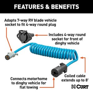 CURT 57285 8-Foot Flat Towing 7-Way RV Blade Motorhome to 4-Way Round Dinghy Vehicle Wiring Adapter Extension Harness and Socket, Blue