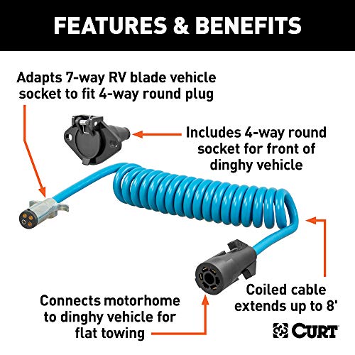 CURT 57285 8-Foot Flat Towing 7-Way RV Blade Motorhome to 4-Way Round Dinghy Vehicle Wiring Adapter Extension Harness and Socket, Blue