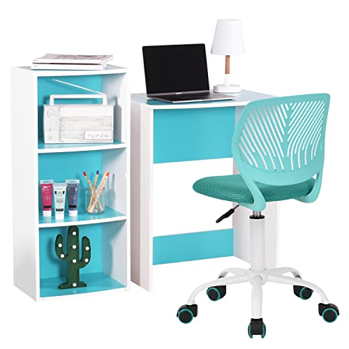 FurnitureR Writing Task Chair 360 Swivel,Low Mid PP Mesh Back Fabric Seat, Height Adjustable, Rolling Castor,W15.7”xD15.2”x H29.5-34.2",Turquoise