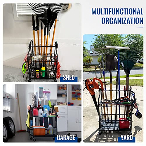 Mythinglogic Garden Tool Organizer for Garage-Yard Tool Racks with Wheels,Garage Organizers and Storage Hold Garden Tools,Yard Tool Holder for Garage/Shed,Garden tool stand