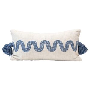 creative co-op cotton lumbar embroidered curved pattern & tassels, cream color & blue pillow, cream & blie