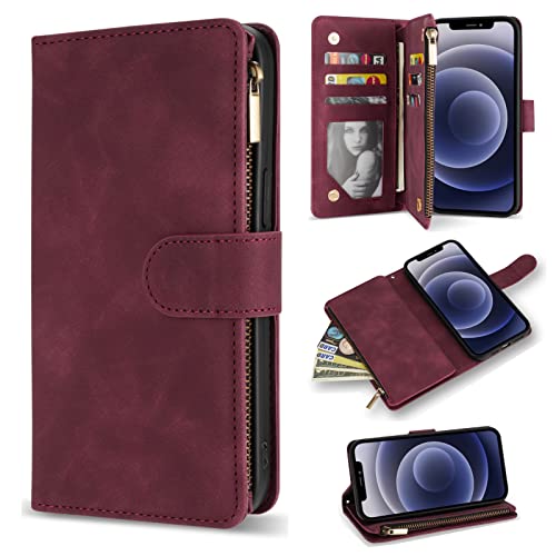 ZZXX iPhone 12 Case Wallet,iPhone 12 Pro Wallet Case with Card Slot Premium Soft PU Leather Zipper Flip Folio Wallet with Wrist Strap Kickstand Protective for iPhone 12 Wallet Case(Wine Red 6.1 inch)