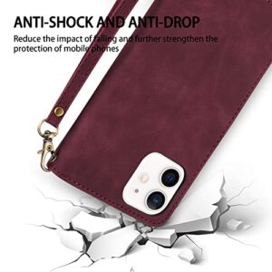 ZZXX iPhone 12 Case Wallet,iPhone 12 Pro Wallet Case with Card Slot Premium Soft PU Leather Zipper Flip Folio Wallet with Wrist Strap Kickstand Protective for iPhone 12 Wallet Case(Wine Red 6.1 inch)