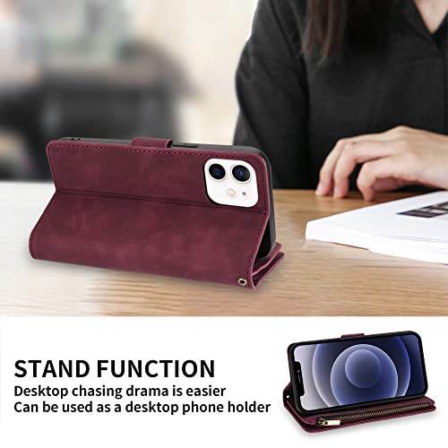 ZZXX iPhone 12 Case Wallet,iPhone 12 Pro Wallet Case with Card Slot Premium Soft PU Leather Zipper Flip Folio Wallet with Wrist Strap Kickstand Protective for iPhone 12 Wallet Case(Wine Red 6.1 inch)