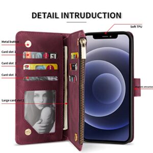 ZZXX iPhone 12 Case Wallet,iPhone 12 Pro Wallet Case with Card Slot Premium Soft PU Leather Zipper Flip Folio Wallet with Wrist Strap Kickstand Protective for iPhone 12 Wallet Case(Wine Red 6.1 inch)