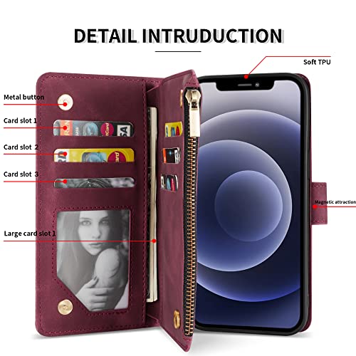 ZZXX iPhone 12 Case Wallet,iPhone 12 Pro Wallet Case with Card Slot Premium Soft PU Leather Zipper Flip Folio Wallet with Wrist Strap Kickstand Protective for iPhone 12 Wallet Case(Wine Red 6.1 inch)